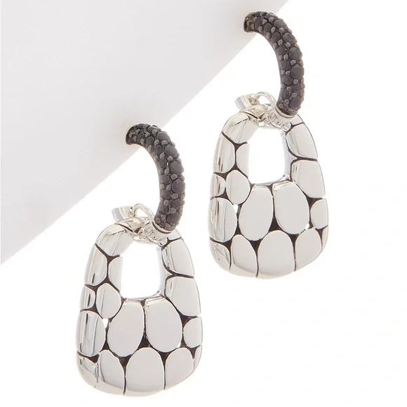 John Hardy Kali Silver Lava Door Knocker Hoop Drop Earrings with black sapphire